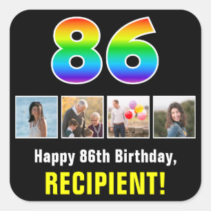 86th Birthday: Rainbow “86”; Custom Photos & Name Square Sticker
