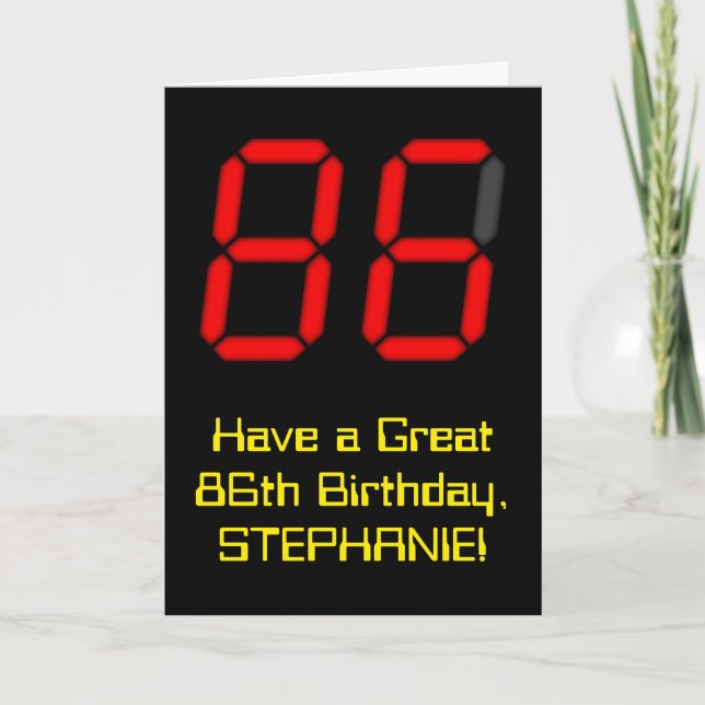 86th Birthday: Red Digital Clock Style "86" + Name Card (Front)