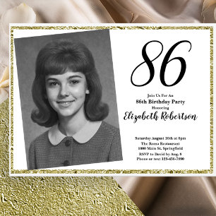 86th Custom Photo White and Gold Birthday Invitation