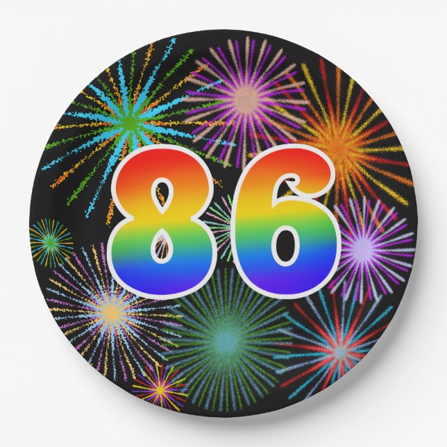 86th Event - Fun, Colourful, Bold, Rainbow 86 Paper Plate (Front)