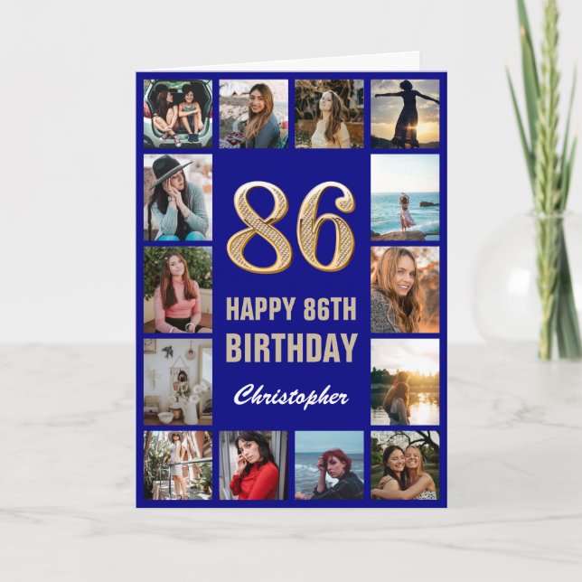 86th Happy Birthday Navy Blue & Gold Photo Collage Card (Front)