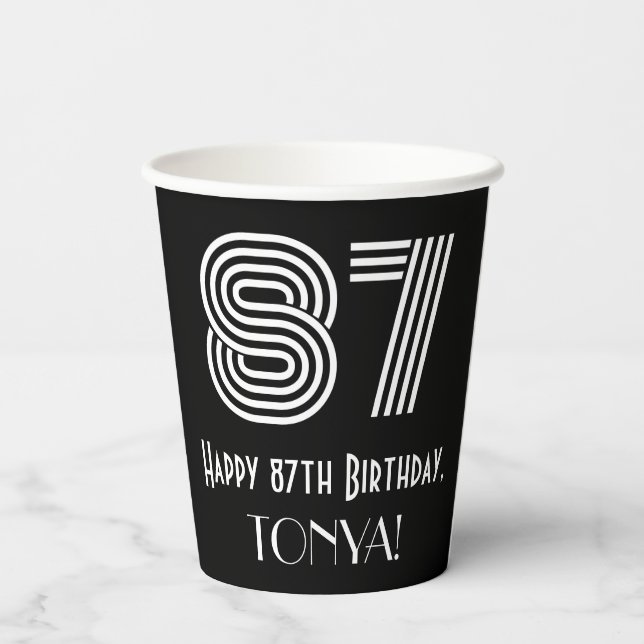 87th Birthday — Art Deco Inspired Look “87” + Name Paper Cups (Back)