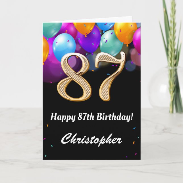 87th Birthday Black and Gold Colourful Balloons Card (Front)