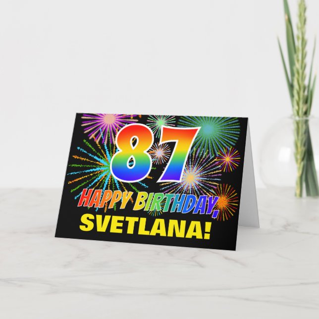 87th Birthday: Bold, Fun, Fireworks, Rainbow 87 Card (Front)