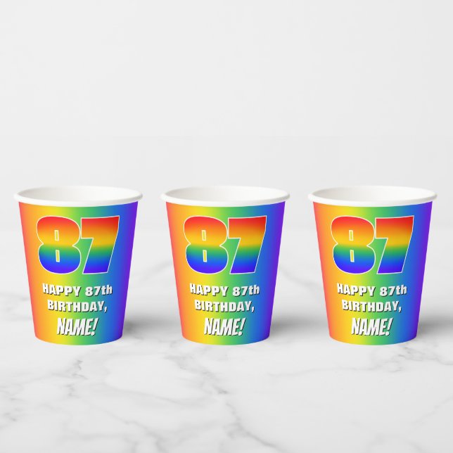 87th Birthday: Colourful, Fun Rainbow Pattern # 87 Paper Cups (Multi)