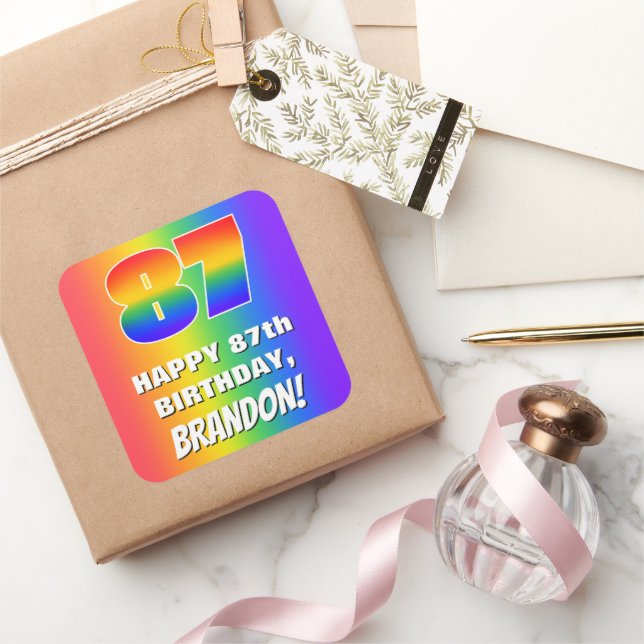 87th Birthday: Colourful, Fun Rainbow Pattern # 87 Square Sticker (Gifting)