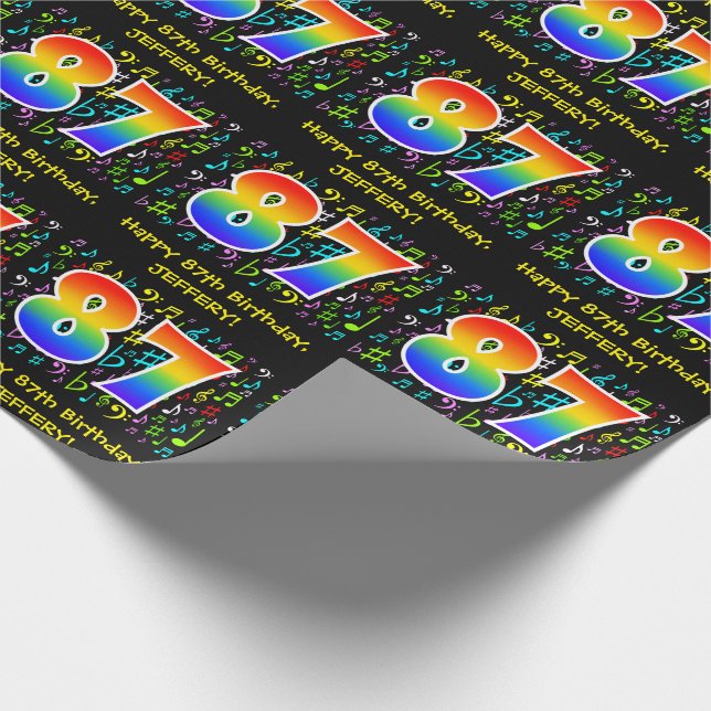 87th Birthday: Colourful Music Symbols, Rainbow 87 Wrapping Paper (Corner)