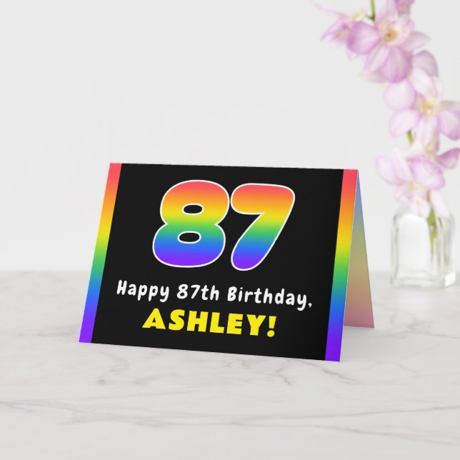 87th Birthday: Colourful Rainbow # 87, Custom Name Card (Orchid)