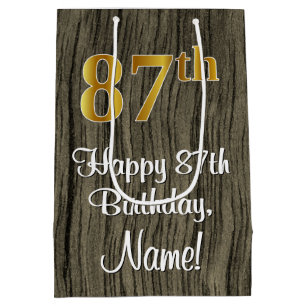 87th Birthday: Elegant Faux Gold Look #, Faux Wood Medium Gift Bag