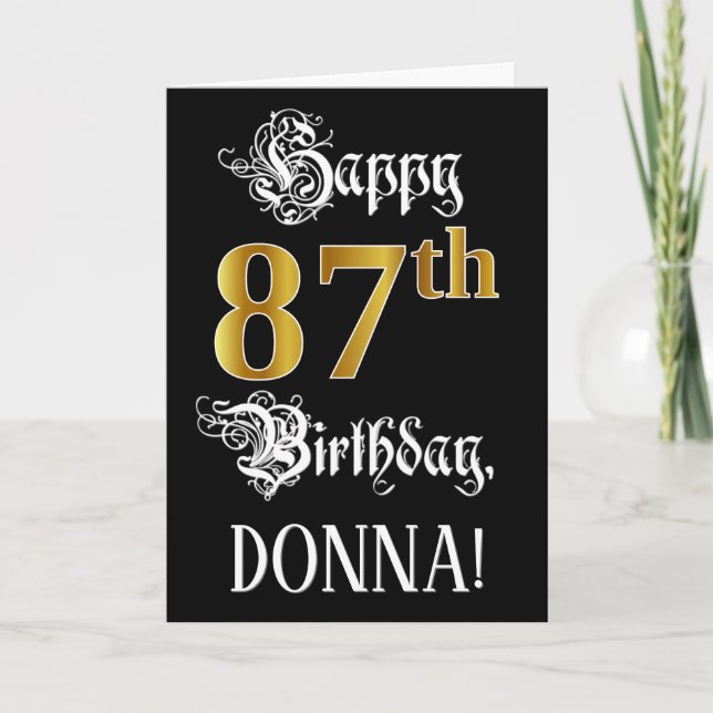 87th Birthday — Fancy Script; Faux Gold Look; Name Card (Front)