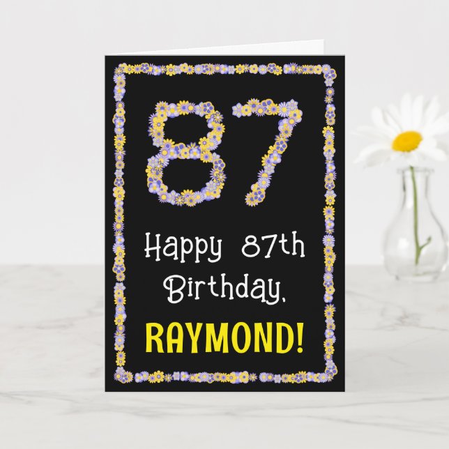 87th Birthday: Floral Flowers Number, Custom Name Card (Small Plant)