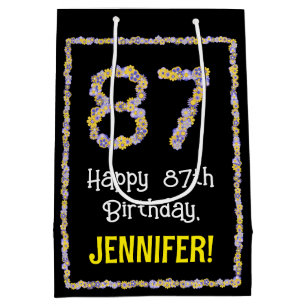 87th Birthday: Floral Flowers Number, Custom Name Medium Gift Bag