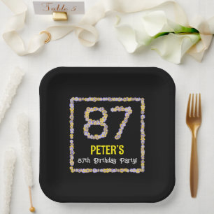 87th Birthday: Floral Flowers Number, Custom Name Paper Plate