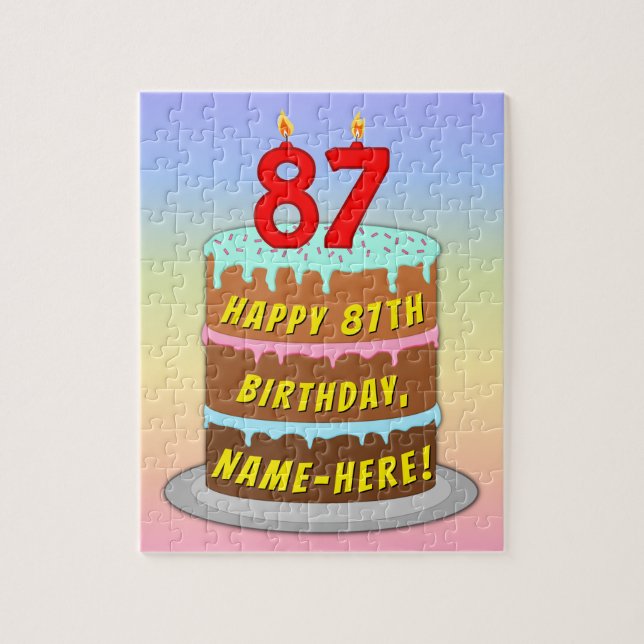 87th Birthday: Fun Cake and Candles + Custom Name Jigsaw Puzzle (Vertical)