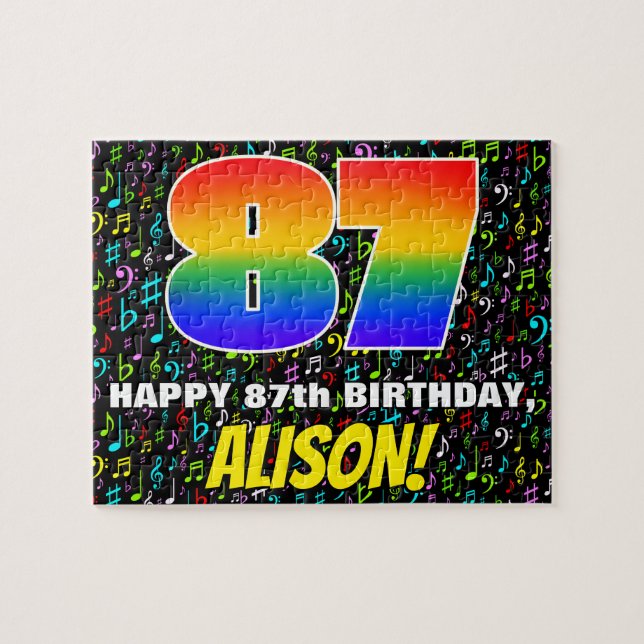 87th Birthday — Fun, Colourful Music Symbols & “87 Jigsaw Puzzle (Horizontal)