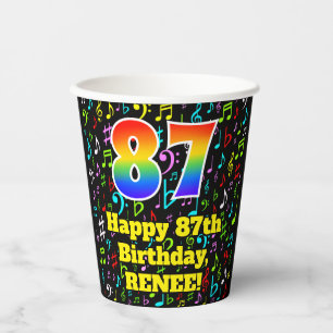 87th Birthday: Fun Music Notes Pattern, Rainbow 87 Paper Cups