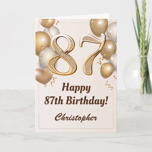 87th Birthday Gold Balloons and Confetti Birthday Card (Front)
