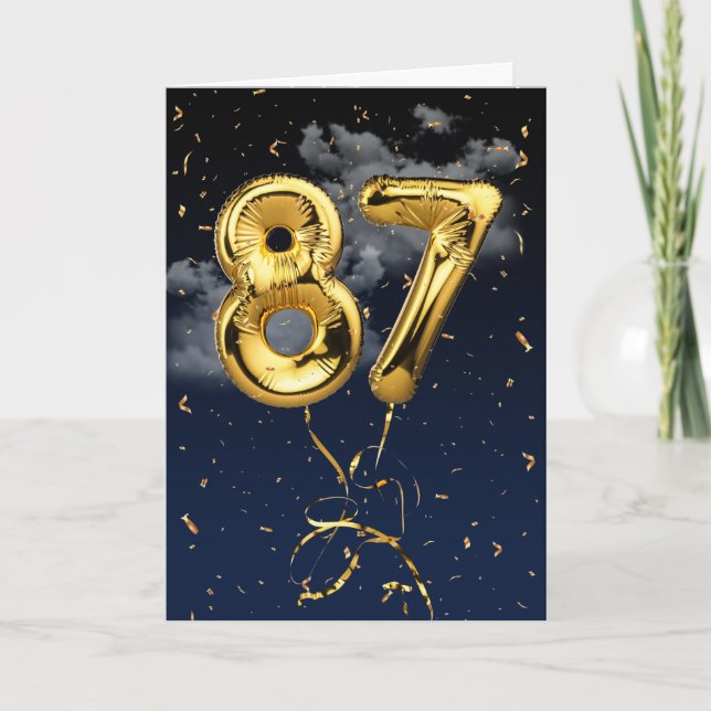 87th Birthday Gold Mylar Balloon and Confetti Card (Front)