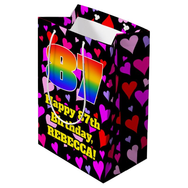 87th Birthday: Loving Hearts Pattern, Rainbow # 87 Medium Gift Bag (Back Angled)
