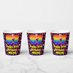 87th Birthday: Loving Hearts Pattern, Rainbow 87 Paper Cups
