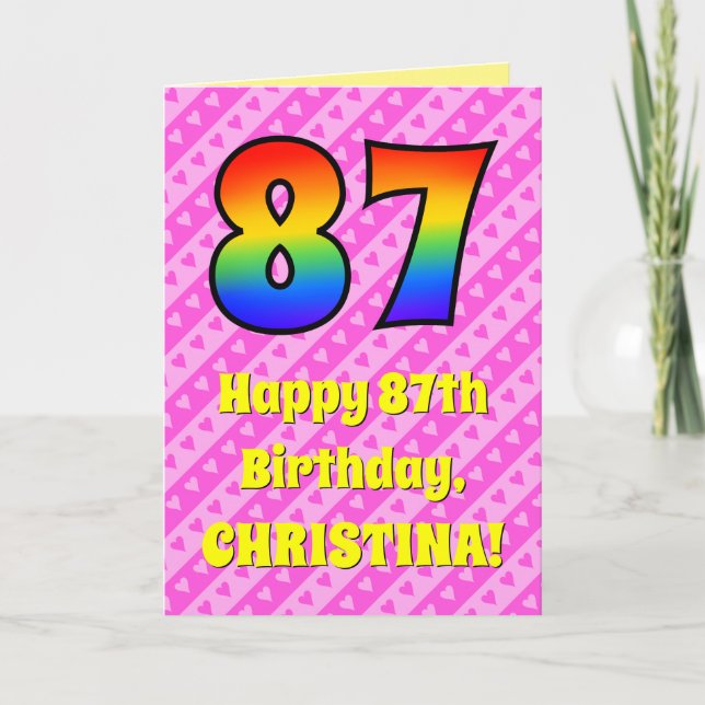 87th Birthday: Pink Stripes & Hearts, Rainbow # 87 Card (Front)