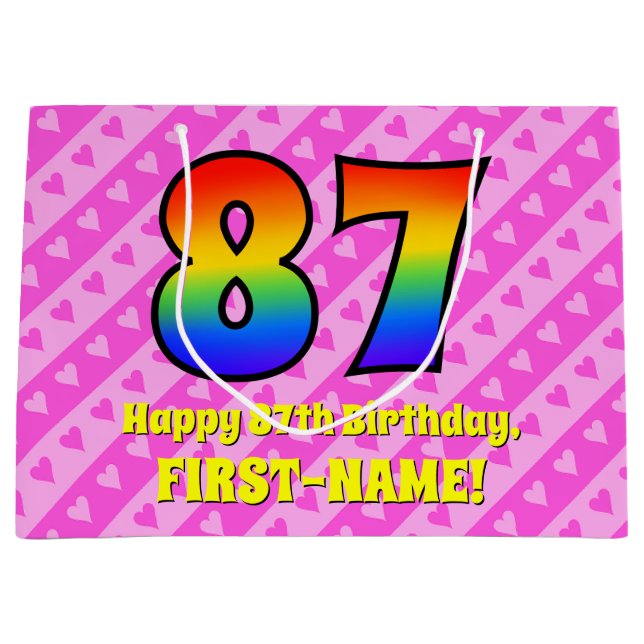 87th Birthday: Pink Stripes & Hearts, Rainbow # 87 Large Gift Bag (Front)