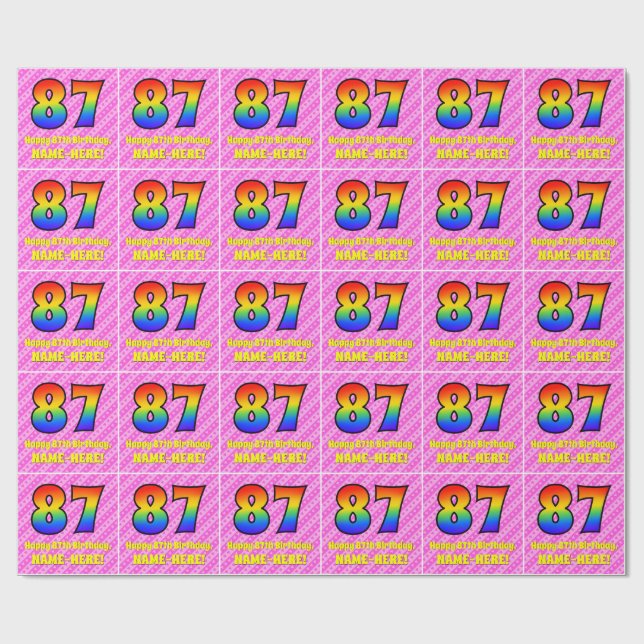 87th Birthday: Pink Stripes & Hearts, Rainbow # 87 Wrapping Paper (Flat)