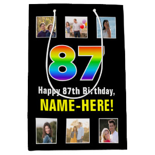87th Birthday: Rainbow “87“, Custom Photos & Name Medium Gift Bag