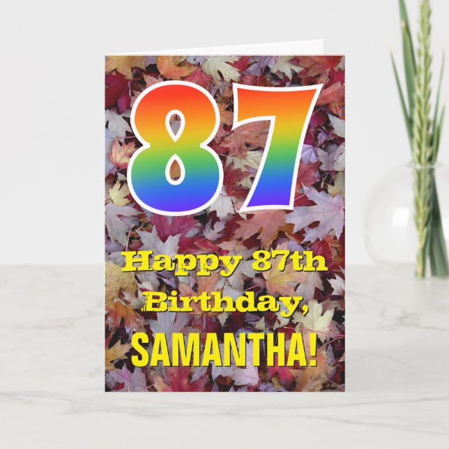 87th Birthday; Rustic Autumn Leaves; Rainbow "87" Card (Front)
