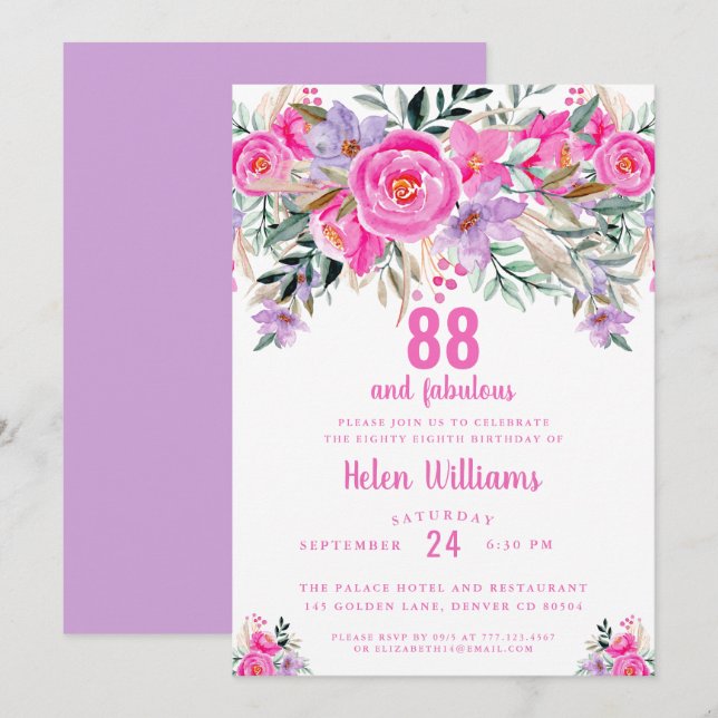 88 et fabuleuse invitation rose 88e anniversaire (Devant / Derrière)