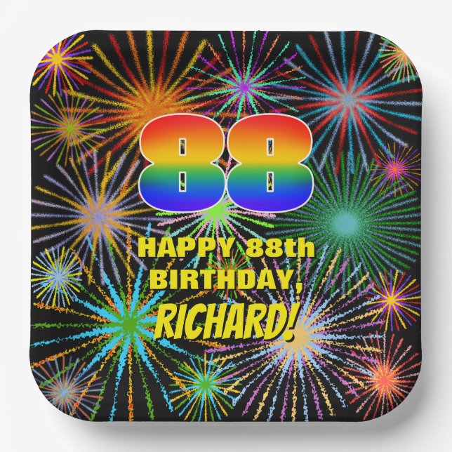 88th Birthday: Colourful, Fun Celebratory Firework Paper Plate (Front)