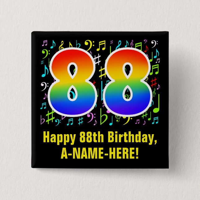 88th Birthday: Colourful Music Symbols, Rainbow 88 2 Inch Square Button (Front)