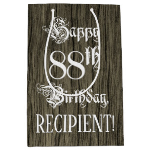 88th Birthday: Fancy, Faux Wood Look + Custom Name Medium Gift Bag
