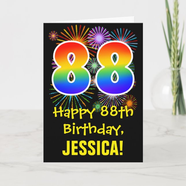88th Birthday: Fun Fireworks Pattern + Rainbow 88 Card (Front)