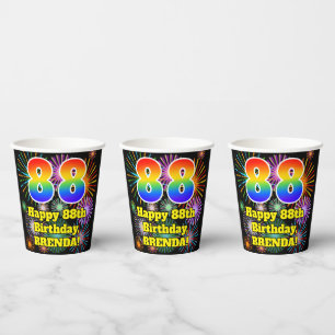 88th Birthday: Fun Fireworks Pattern + Rainbow 88 Paper Cups