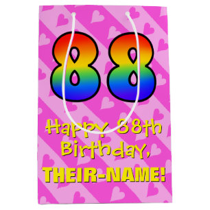 88th Birthday: Fun Pink Hearts Stripes; Rainbow 88 Medium Gift Bag