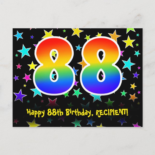88th Birthday: Fun Stars Pattern, Rainbow 88, Name Postcard (Front)