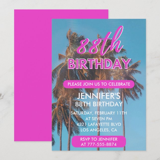 88th birthday invitation Summer Pink Palm tree (Front/Back)
