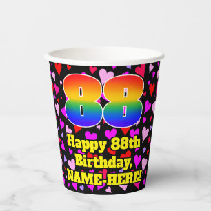 88th Birthday: Loving Hearts Pattern, Rainbow 88 Paper Cups