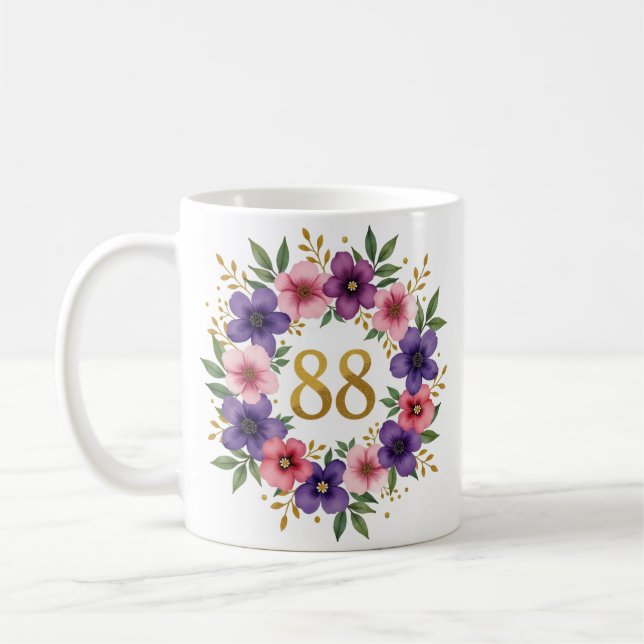88th Birthday Mug – Floral Wreath with Gold Number (Left)