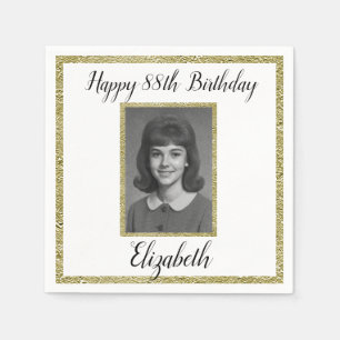 88th Birthday Napkins Custom Photo White and Gold 