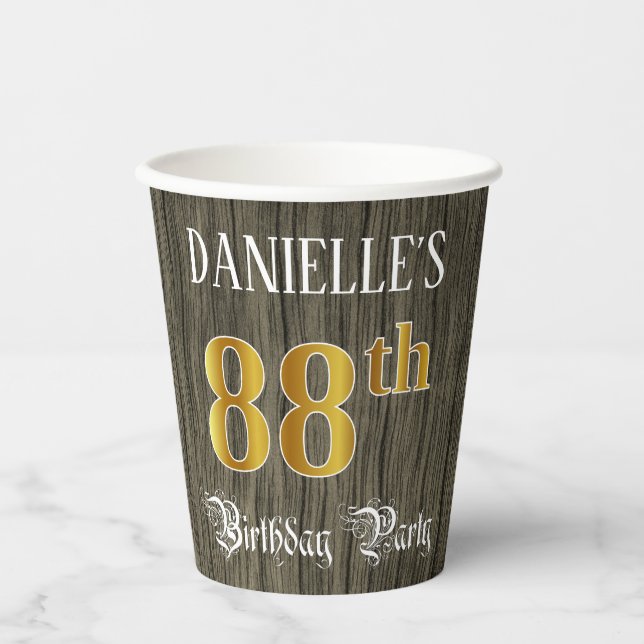 88th Birthday Party — Faux Gold & Faux Wood Looks Paper Cups (Front)