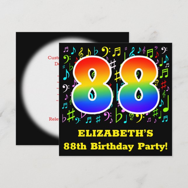 88th Birthday Party: Fun Music Symbols, Rainbow 88 Invitation (Front/Back)