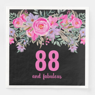 88th birthday pink black floral party napkins