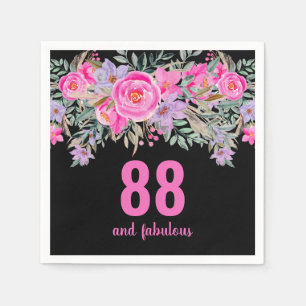 88th birthday pink black floral party napkins