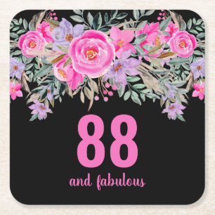 88th birthday pink black floral square paper coaster