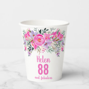88th birthday pink floral paper cups