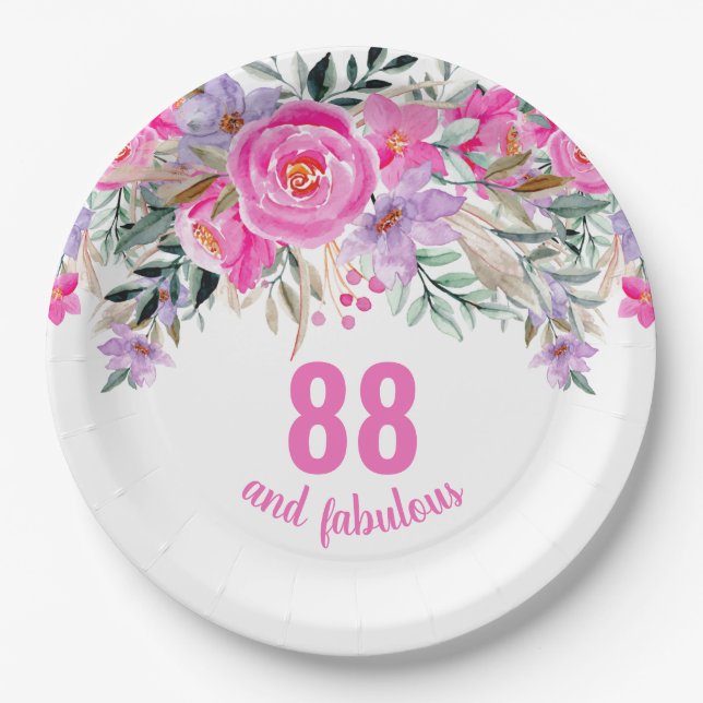 88th birthday pink floral  paper plate (Front)