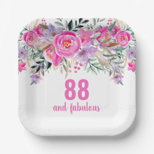 88th birthday pink floral  paper plate