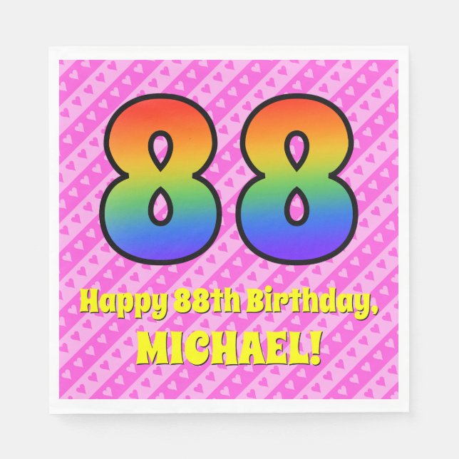 88th Birthday: Pink Stripes & Hearts, Rainbow # 88 Napkin (Front)